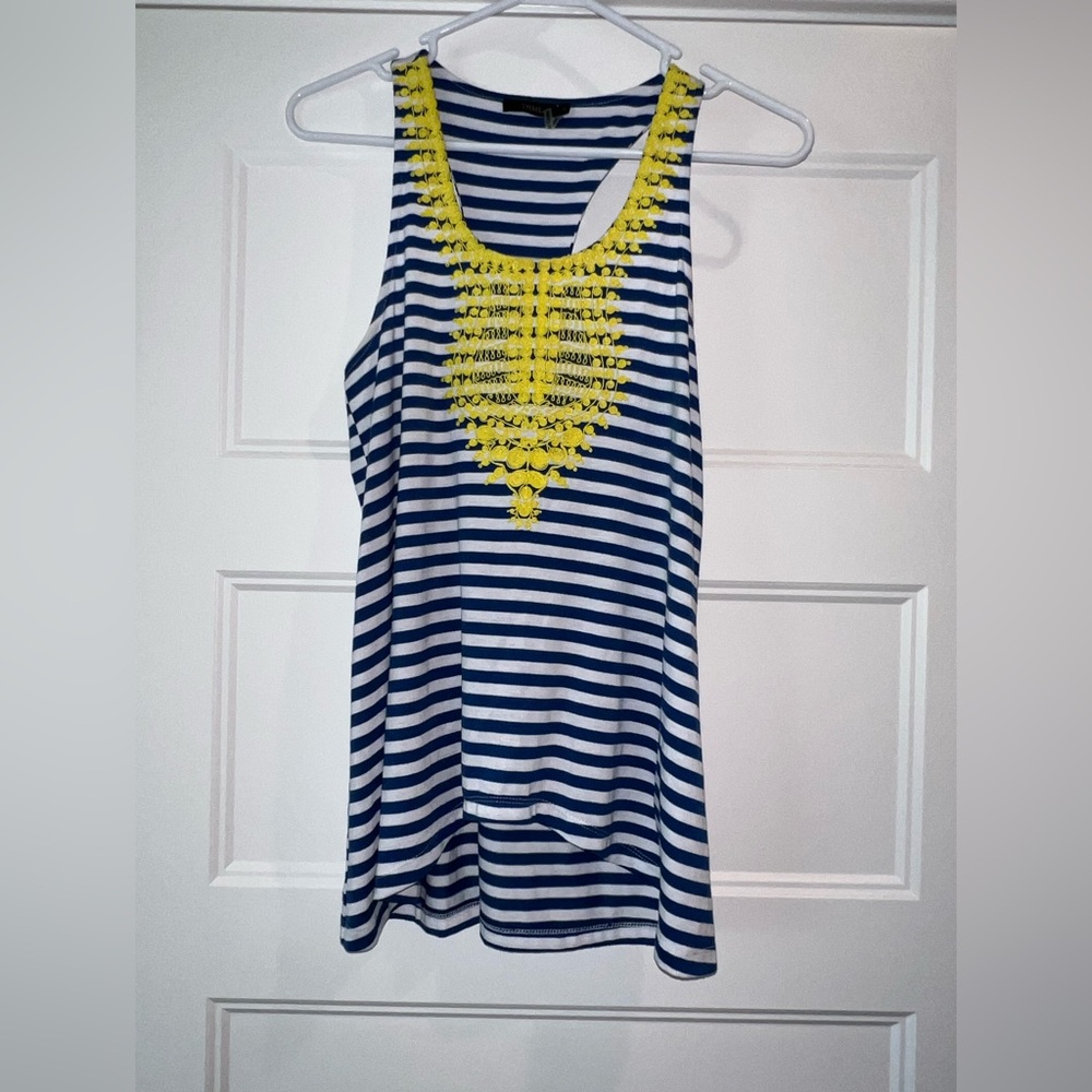 Blue and White Sleeveless Tank Top with Yellow‎ Embroidery